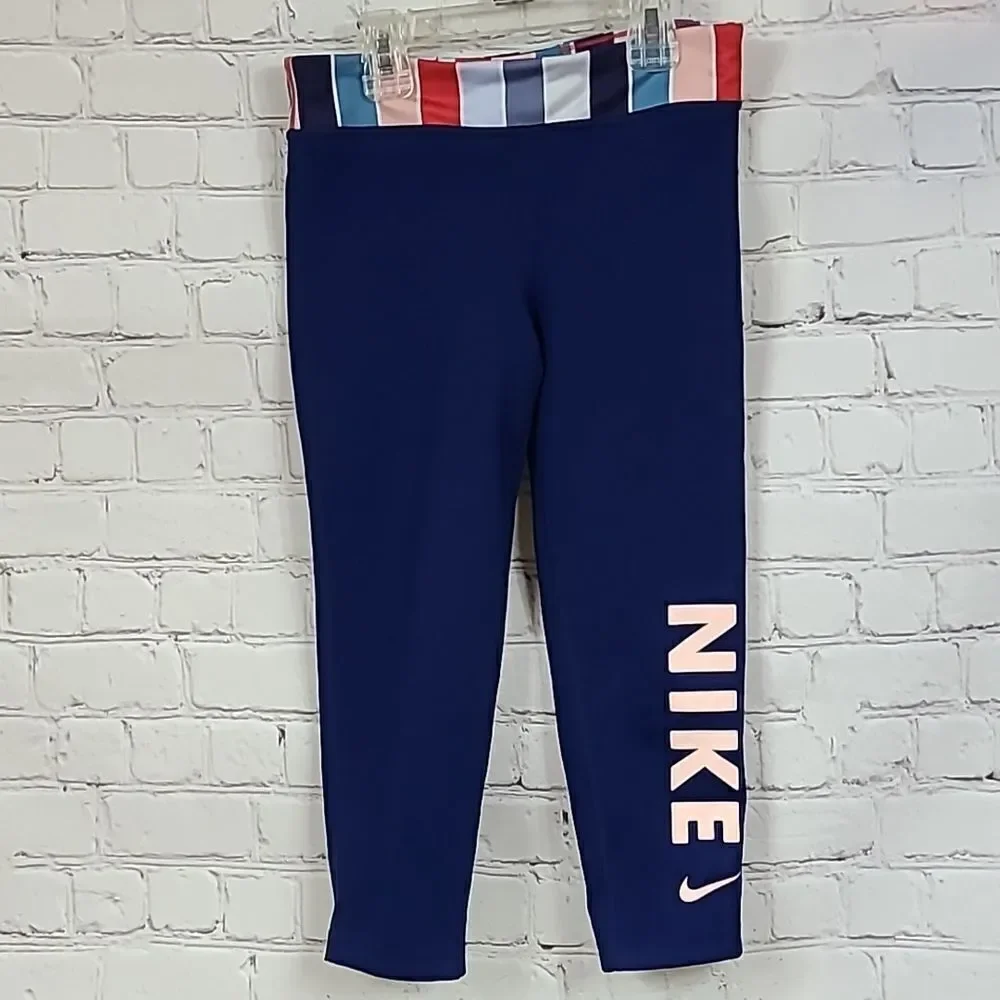 Nike Dri-Fit Girls Medium Navy Stripe Leggings Kids Activewear Gym Yoga Pants